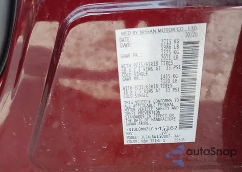 2020 Infiniti Qx60 Luxe z USA, uszkodzony, nr VIN 5N1DL0MN2LC545162